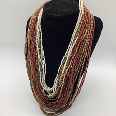 Multi Strand Layered Ivory Gold Brown Red Seed Bead Necklace with Wood Clasp N85