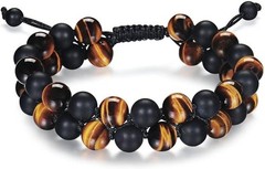 Triple Protection Beaded Bracelet Natural Tiger Eye Black Onyx for Men Women US