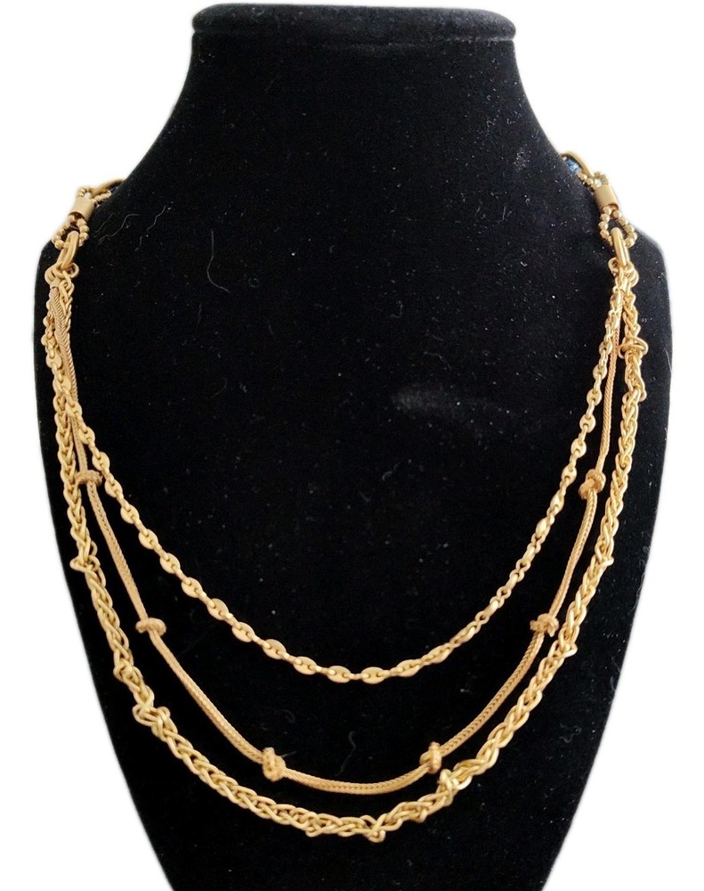 ANNE KLEIN Matte Brushed Gold Tone Navy Cord Three Layer Necklace 27″