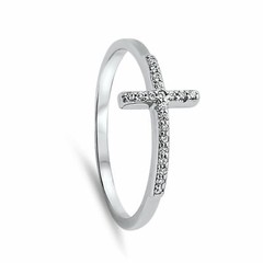 Sideways Cross Clear CZ Classic Ring New Sterling Silver Band Sizes 6-9