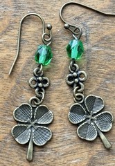 Bronze Four Leaf Clover with Green Crystal Earrings. Irish. Lucky.