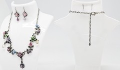 DESIGNER INSPIRED MULTI PINK or PURPLE FLORAL CRYSTAL SILVER METAL JEWELRY SET