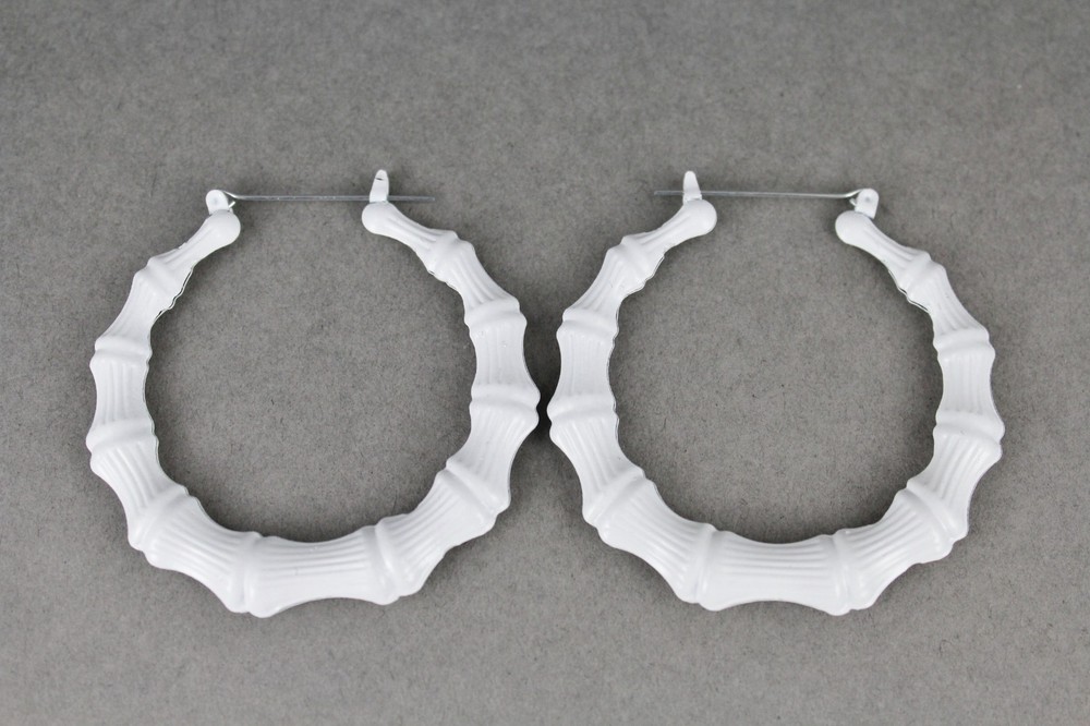 White hoops bamboo earrings 2 1/8″ door knocker color hollow metal lightweight