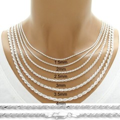 925 Sterling Silver Dia-Cut Rope Chain Necklace w Lobster Lock-Stamped 925 Italy