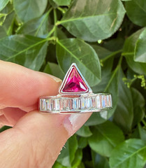 SYNTHETIC RUBY / PINK SAPPHIRE BAGUETTE RHINESTONES GEOMETRIC RING SILVER TONE