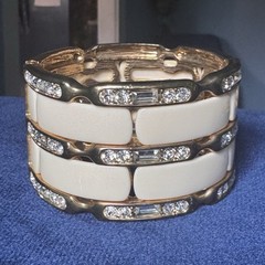 Gold Tone Cream Enamel Cuff Bangle Bracelet with Clear Round Crystal Accent