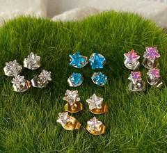 PAIR Star CZ Gem Stud Earrings 316L Surgical Steel, choose color & gem size
