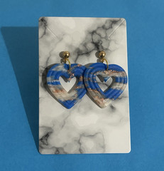 Handmade Blue White Gold Heart Polymer Clay Dangle Drop Earrings