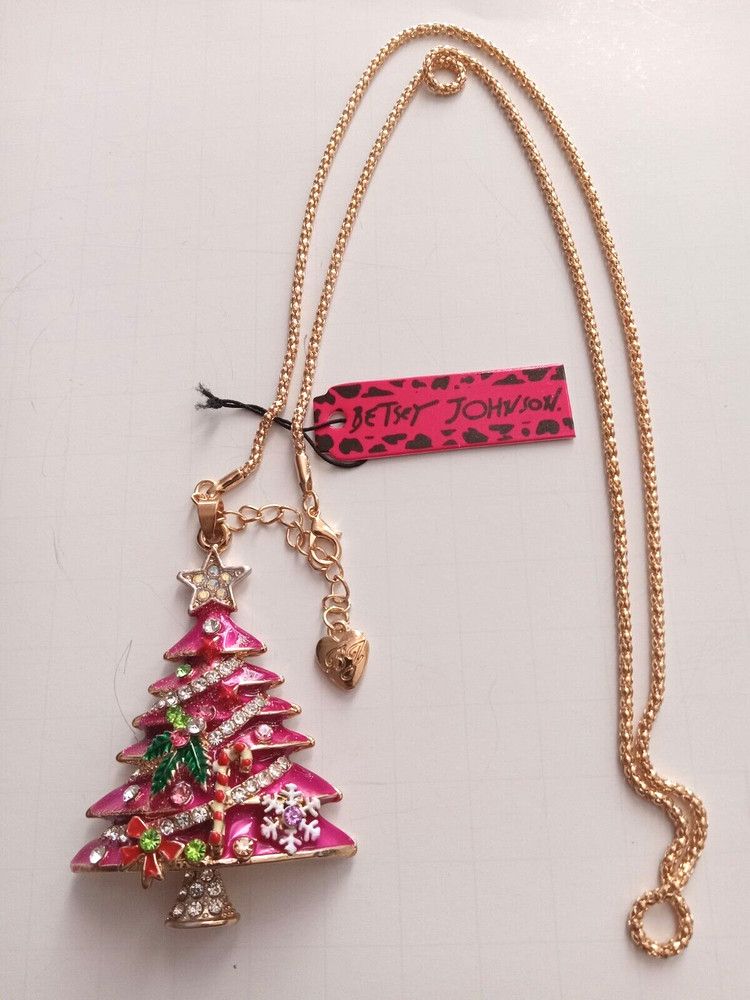 Betsey Johnson Rose Christmas Tree Crystal Pendant Necklace purple velvet bag