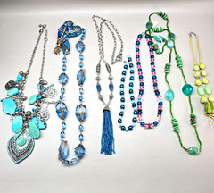 Blue Necklace Lot Green Beaded Statement Tassel Faux Pearl Glass