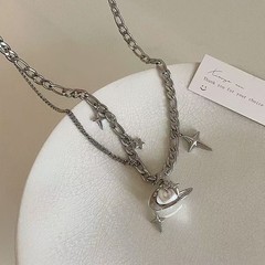 Silver Stainless Two Layer Planet Star Necklace Saturn Minimal Men Stack Jewelry