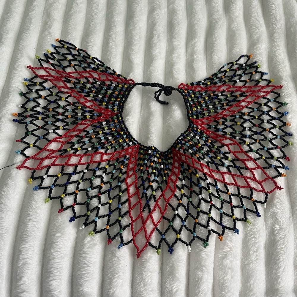 Multicolor Glass Beaded Collar Statement Necklace Ball/Bead Chain Tie Closure
