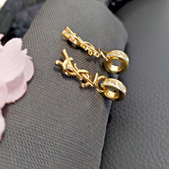 Auth. YVES SAINT LAURENT YSL LOGO Stud CRYSTAL Ring Drop EARRINGS Gold Tone