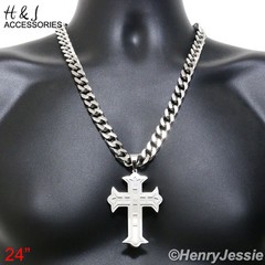 24″30″36″Stainless Steel 11mm Silver Cuban Curb Necklace CZ Cross Pendant*P5