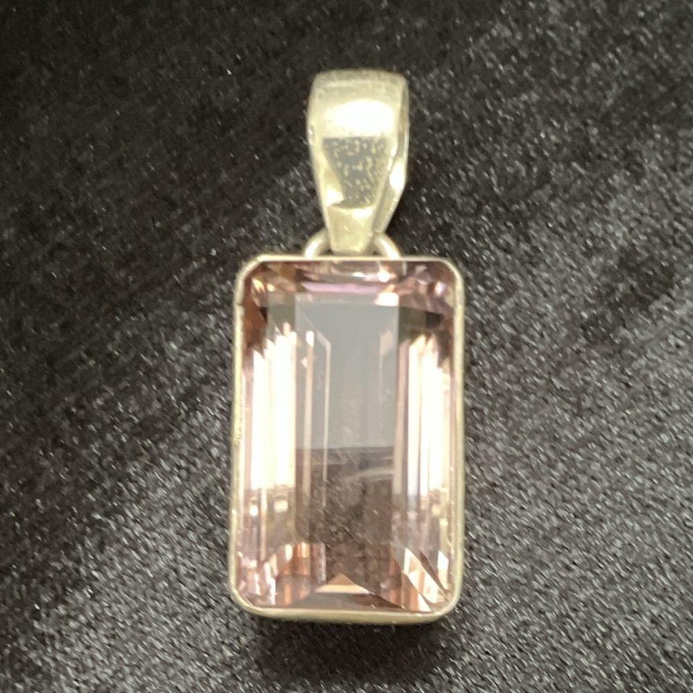 Silver Tone MorganiteFaceted Rectangular Stone Charm Pendant, Bezel Set, 1Stone