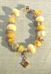 Yellow & White Murano Glass Bead & Crystal Silver 7.5″ Charm Bracelet (#1380)NEW