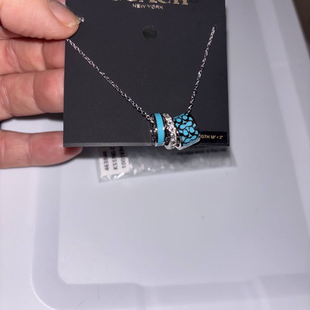 Coach Monogram Light Blue Enamel Silver Ring Charm Necklace