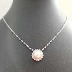 Givenchy Faux Pearl Pendant Necklace Silver Tone 16″