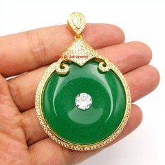 New Yellow Plated Alloy Heated Green Jade Safe-Circle Pendant Best Gift 平安扣