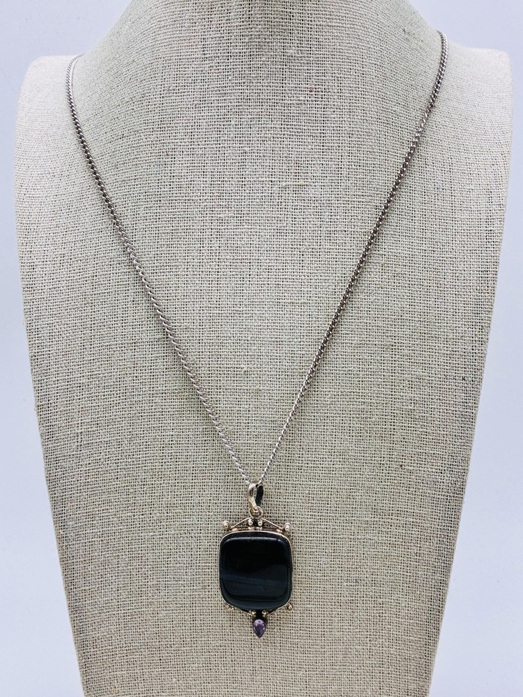 Silver Tone Pendant Necklace Black Stone Purple Teardrop Retro