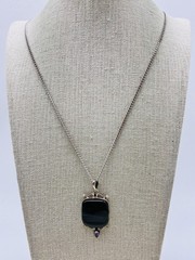 Silver Tone Pendant Necklace Black Stone Purple Teardrop Retro