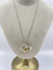 Gold & Silver Tone Tinkerbell Heart Pendant Necklace with Rhinestones Fairy Elf