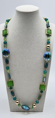 Statement Beaded Necklace Green Multicolor Glass Gold Tone Chain Womens 34in