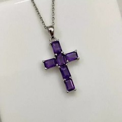 1.50Ct Emerald Cut Simulated Amethyst Holy Cross Pendant 14K White Gold Plated