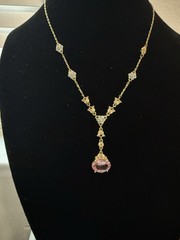 Swarovski Crystal Dangle Drop Y Necklace Pink Glass Oblong Oval Pendant Floral