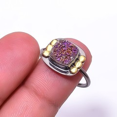 Purple Titanium Agate Drusy Black And Gold Plated 925 Sterling Silver Ring 8 R41