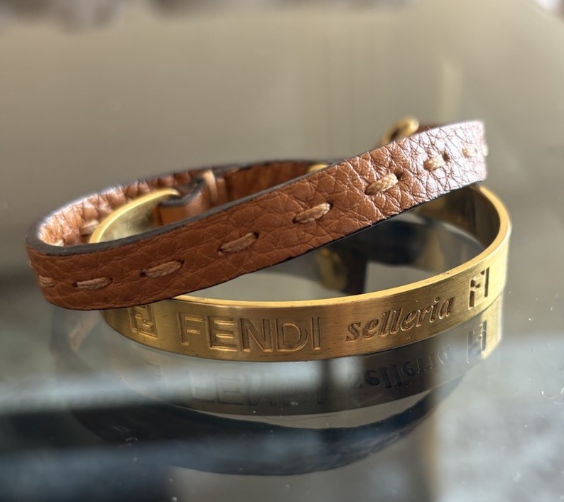 Fendi Gold Plated Interlocking Tan Leather Strap Bracelet With Button Closure