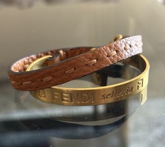 Fendi Gold Plated Interlocking Tan Leather Strap Bracelet With Button Closure