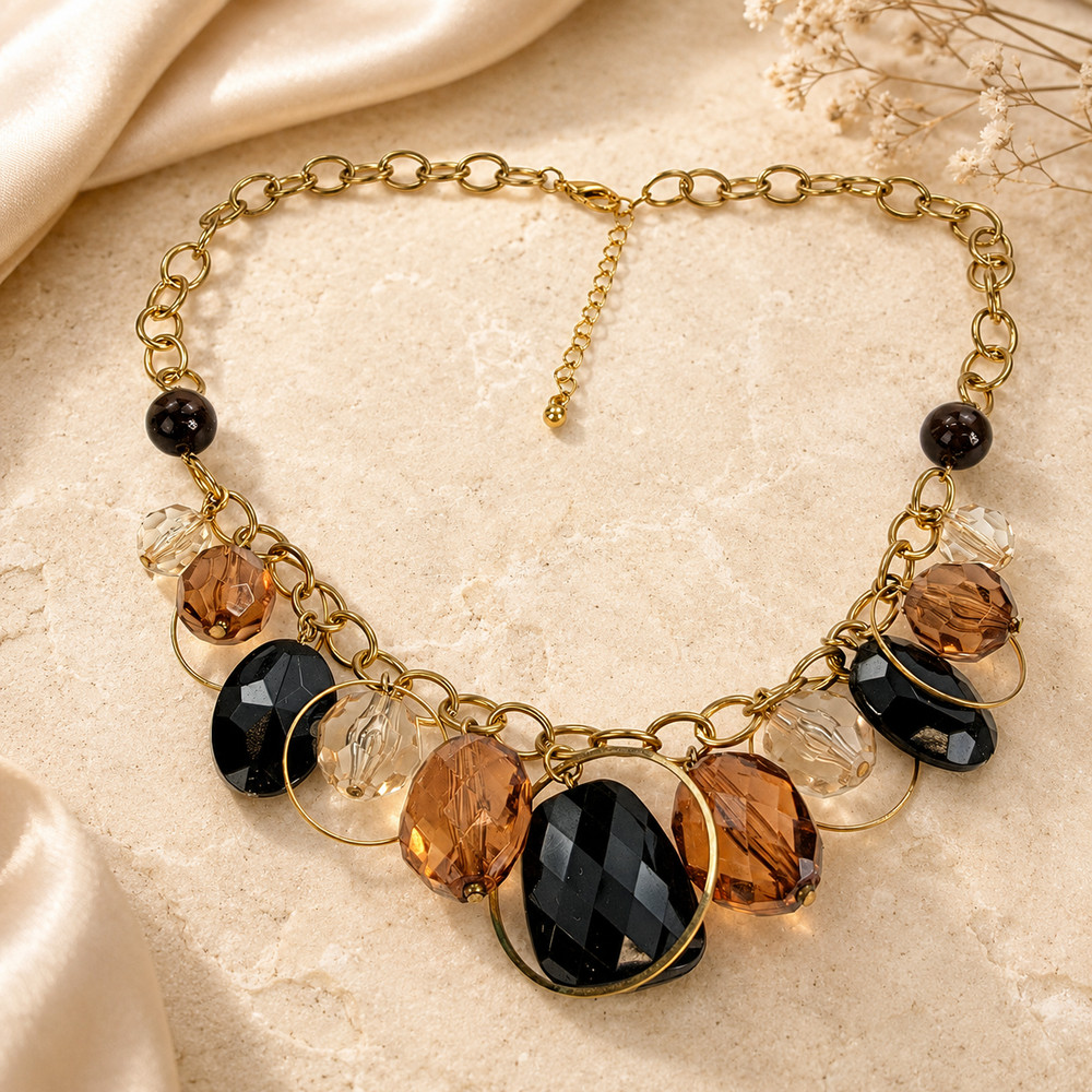 Gold Tone Black Amber Clear Bead Dangle Charm Necklace 20 in Vintage