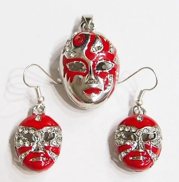 3 Red/Silver Mardi Gras Enamel Crystal Pendant 39x20mm &Earrings 24x16mm /Charm