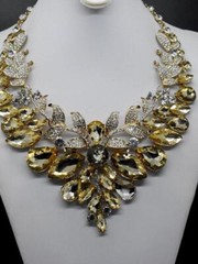 bling Runway Amber & Clear Rhinestone LEAF Gold Tone Bib 17″ Statement Necklace
