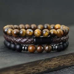 3pcs Men Bracelet Set Leather & 8mm Onyx Tiger Eye Stone Magnetic Clasp