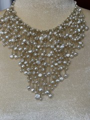 Cascading Waterfall White Cultured Freshwater Pearl on Gold Silk Thread Necklace