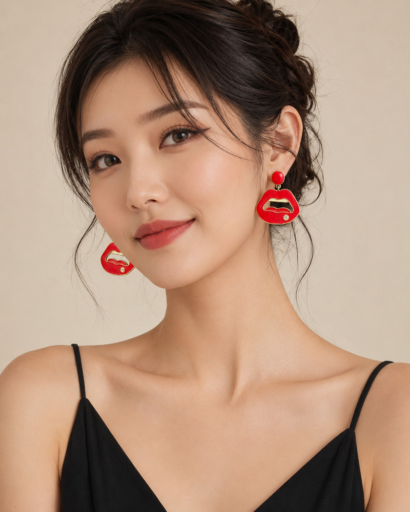 CHUU Korean Bold Red Lips Statement Earrings – Pop Art Style with Crystal Detail
