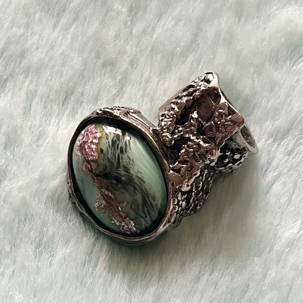 YSL Yves Saint Laurent Silver Green Pink Arty Ring 5