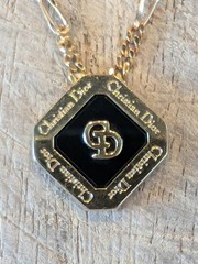 Vintage Christian Dior CD Logo Pendant Necklace Octagon Black Onyx In Box
