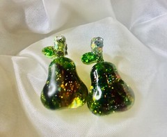 Glitter Fruit Earrings Set, Resin Apple Pear Cherry Studs, Cute Handmade Jewelry
