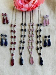 CZ Navy Blue Sapphire Teardrop Gem Bridal Indian Necklace Earring Jewelry Set