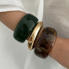 Resin Acrylic Geometric Bangle Women Green Brown Tone Round Layered Jewelry