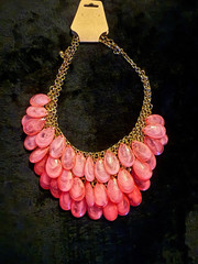 Coral Plastic Beaded Statement Bib Necklace on Gold Tone Cable Chain