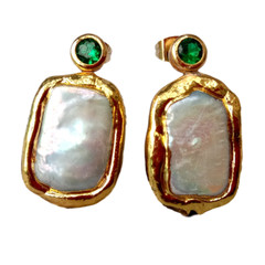 Freshwater Cultured White Biwa Rectangle Pearl Stud Cubic Zirconia Pave Earrings