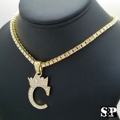 Hip Hop Initial C Pendant & 18″ Full Iced 1 ROW DIAMOND Tennis Choker Chain Set
