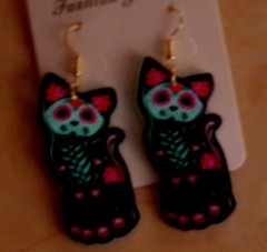 2-SIDED GLOW SUGAR SKULL SKELETON BLACK CAT DAY OF THE DEAD HALLOWEEN EARRINGS