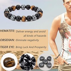 Natural Stone Hematite Tiger Eye Energy Healing Stretch Bracelet for Men Women
