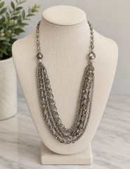 Chico’s Multi Strand Gray Glass & Crystal Necklace Silver Tone Statement Necklac