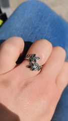 Green Crystal Leaf Ring 925 Sterling Silver Adjustable Elegant Fashion Jewelry